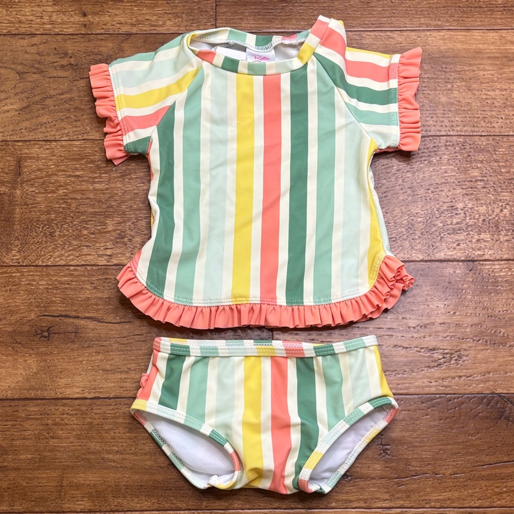 Baby Girls Ruffle Butts Two-Piece Swim Set Coral Ruffle Saltwater Stripe NWT 3-6